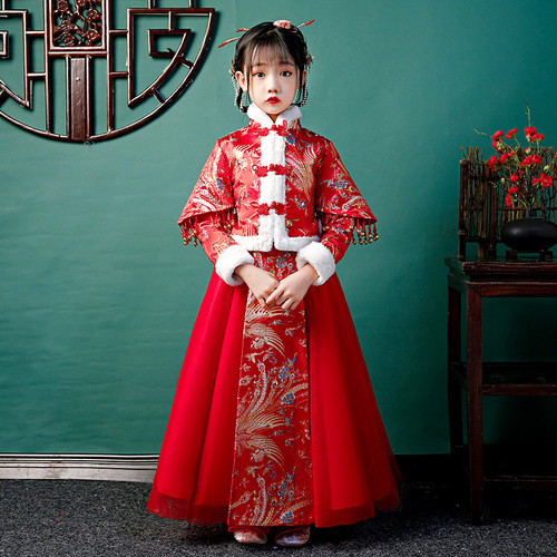 Girls Blue Red Chinese hanfu winter Chinese ancient folk costume Princess Dress Tang suit children fairy New Year greetings baby outfit in the New Year