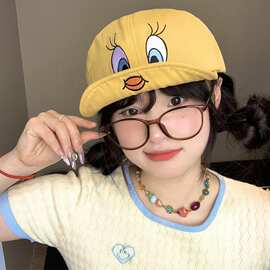 翻檐鸭舌帽可爱卡通小黄鸭猫咪刺绣棒球帽女夏季遮阳帽显脸小帽子
