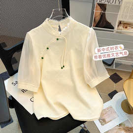 新中式短袖衬衫女夏季国风盘扣小衫显瘦洋气减龄雪纺上衣简约