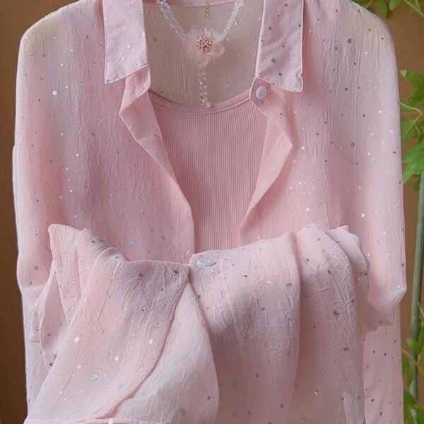 Gold-Stamped Sun-Protective French-Style Sweet Sequin Thin Shirt, Summer Casual Loose Versatile Blouse Jacket
