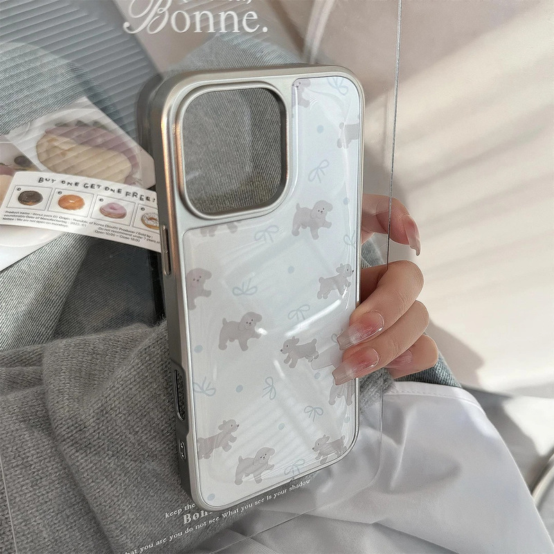 日韓風インス風リボン付き子犬柄iPhone16/17用スマホケース、Apple14電気メッキ13水性樹脂15耐衝撃|undefined