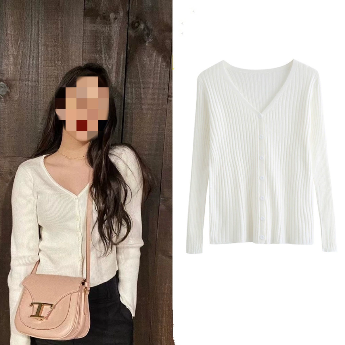 В наличии Ouyang Nana Star на весну и осень облегающий вязаный кардиган из французской ниши с длинными рукавами, Базовая рубашка для женщин