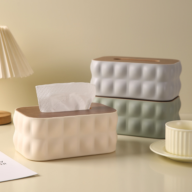 Caja de toallas de aire crema simple caja de almacenamiento de escritorio con cubierta de madera caja de extracción de papel creativa caja de extracción de papel de lujo ligera sala de estar doméstica