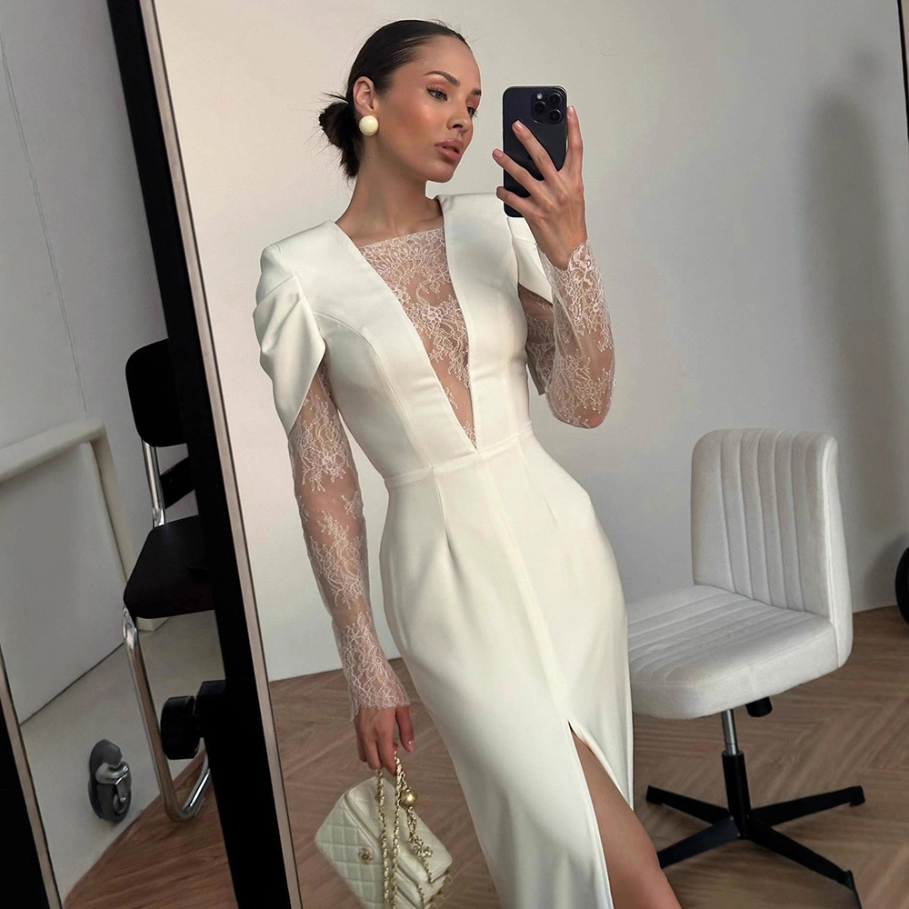 Amazon Cross-Border Best-Selling New V Neck Lace Splicing Dress Sexy Elegant Accessible Luxury Wear Slit Long Skirt