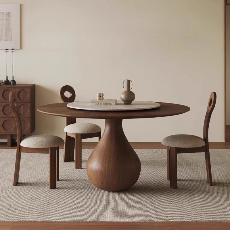 法式复古北欧实木餐桌胡桃木中古风餐桌椅组合家用小户型极简圆桌