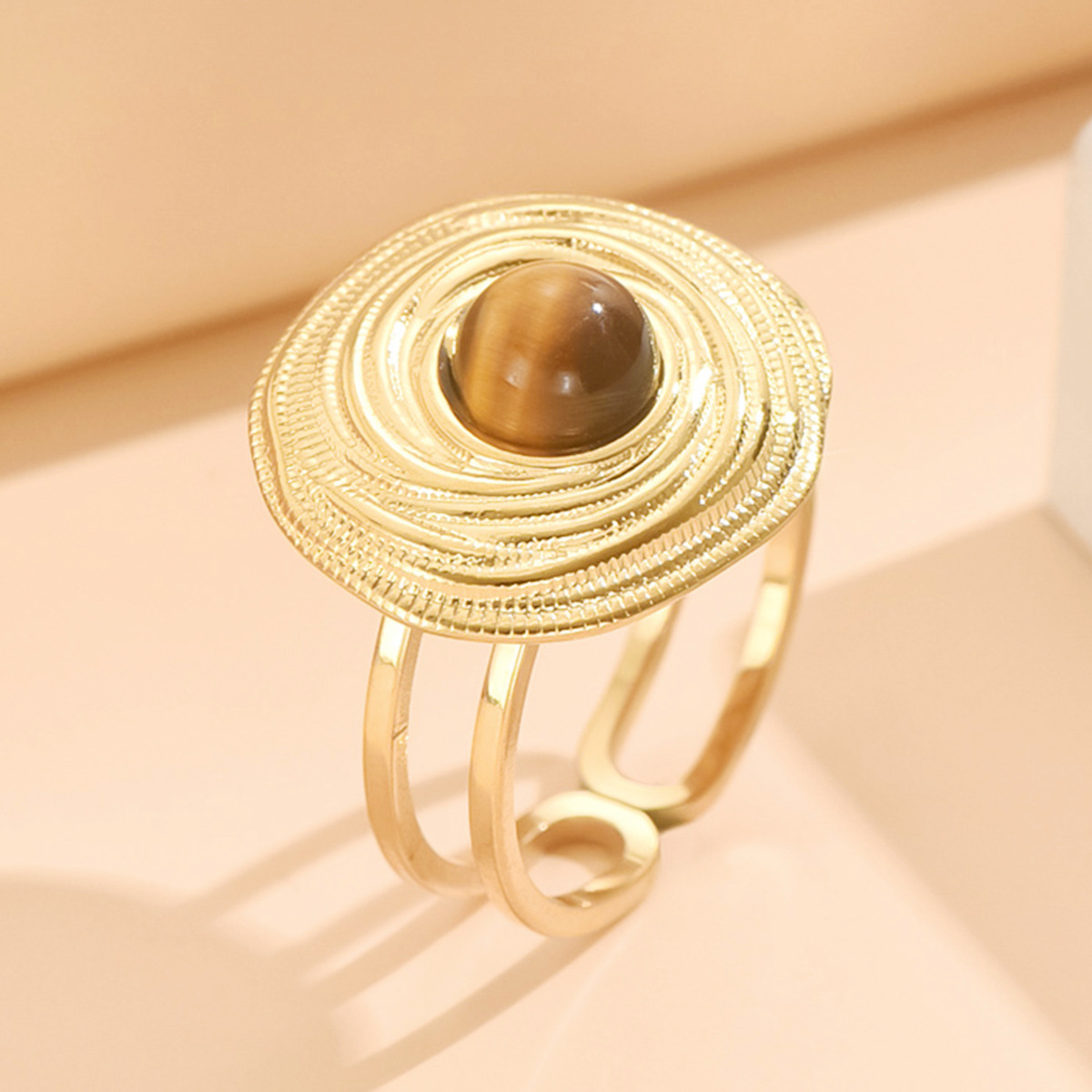 국경 복고풍 궁전 스타일 천연석 상감 기하학적 원형 개방 스테인레스 스틸 반지 여성 반지 중동 공급