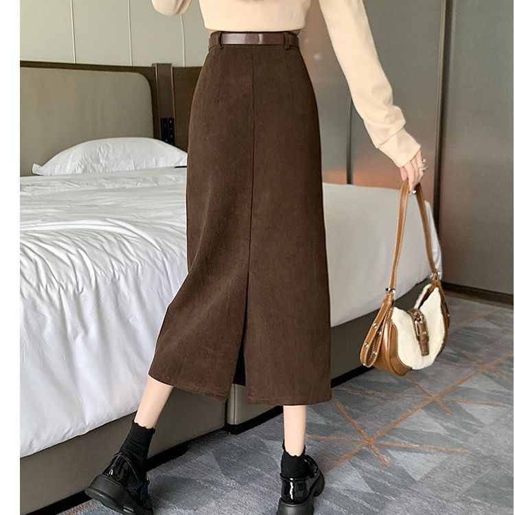 灯芯绒复古美拉德半身裙女秋冬2025显瘦遮胯直筒裙后开叉包臀裙|undefined