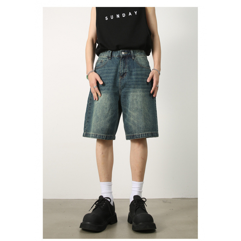 Spring and summer new washed vintage distressed casual five-point jeans cat whisker silhouette trend loose shorts