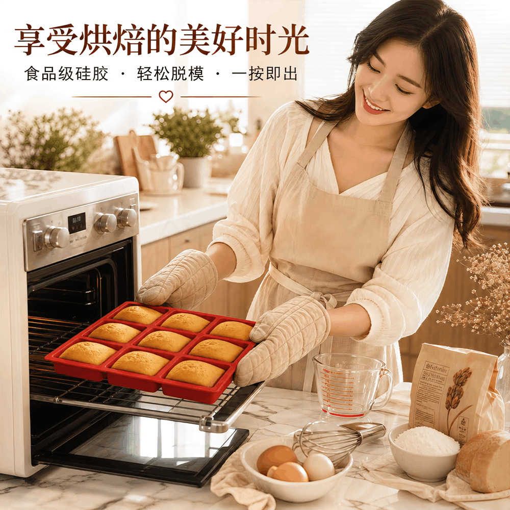 Cross-border bestseller 9-compartment silicone rectangular cake mold, silicone baking mold, bread and cake mold with logo printing