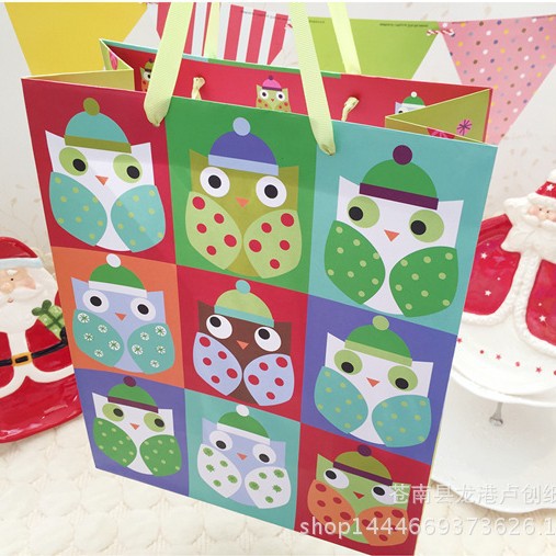 格子猫头鹰礼物包装袋 纸袋直销 复活节礼品袋牛皮纸袋批发