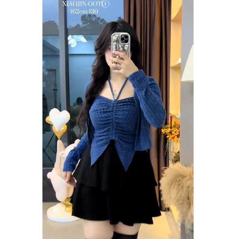 美拉德遮肚大码微胖小香风套装裙女2025秋冬新款针织上衣短裙套装