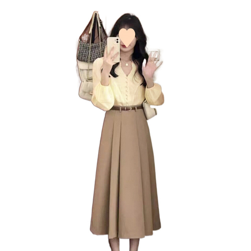 法式时尚温柔穿搭两件套装女春秋新款领长袖衬衫+中长高腰半身裙|undefined