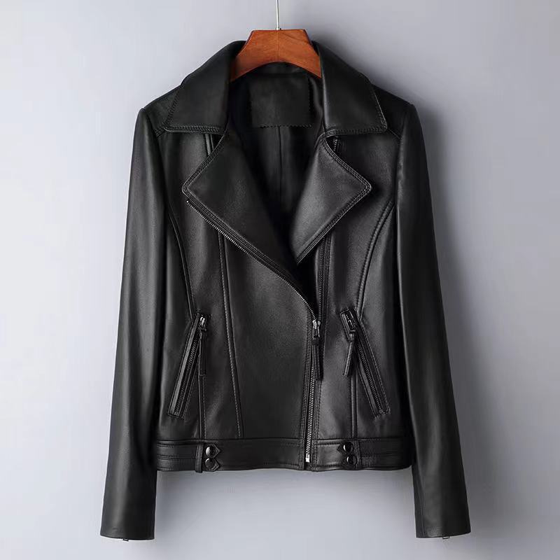 Haining 2026 New Spring and Autumn Genuine Leather Jacket for Women, Sheepskin Motorcycle Slim-Fit Short Suit Collar Leather Jacket