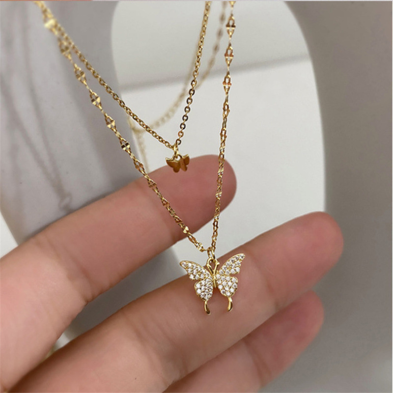 Double Layer Butterfly Pendant Necklace With Diamonds For Women_voghion.com