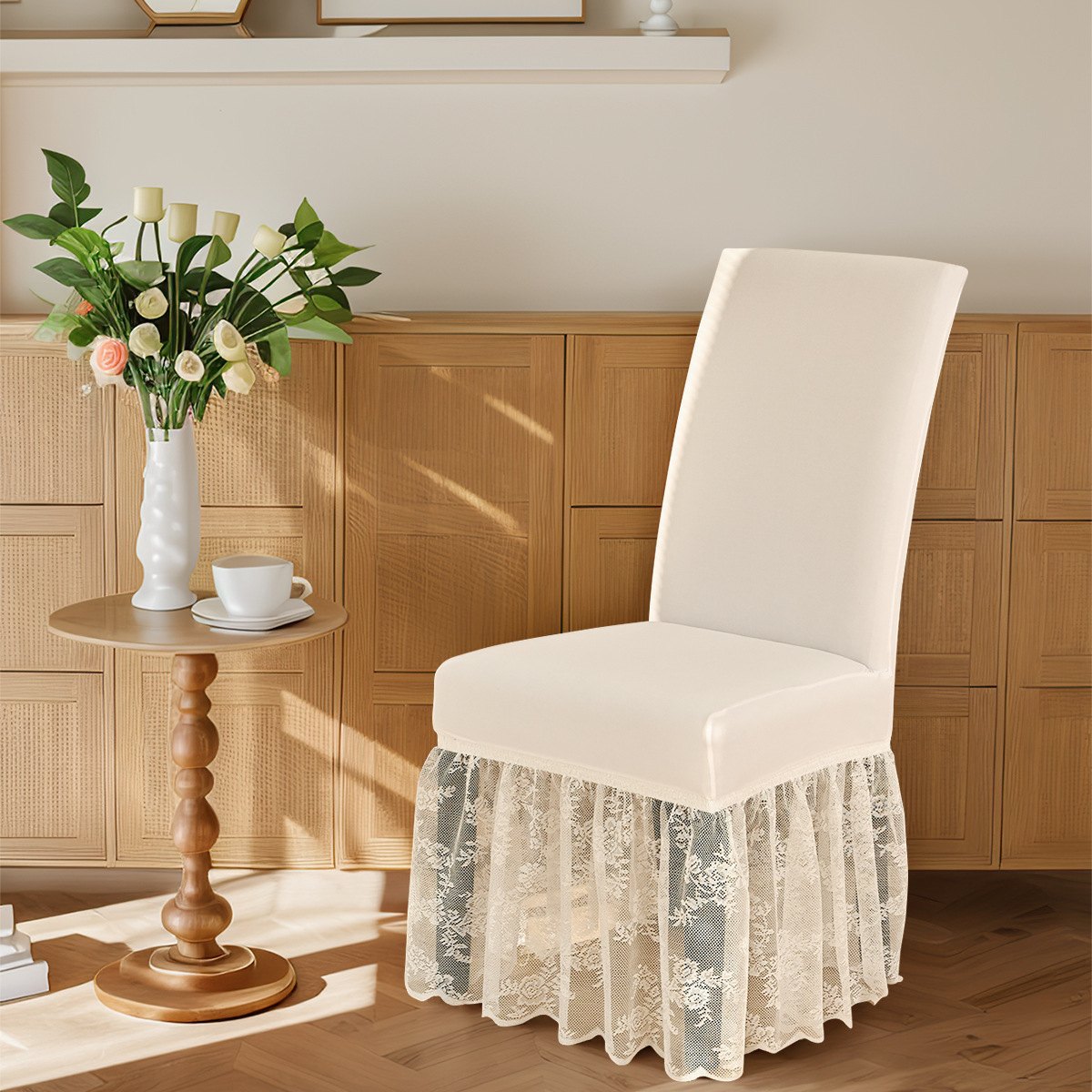 Nuevo estilo transfronterizo de seda de leche, cortina de encaje, falda, funda para silla, sensación de alta gama, funda para silla a prueba de polvo universal, TEMU