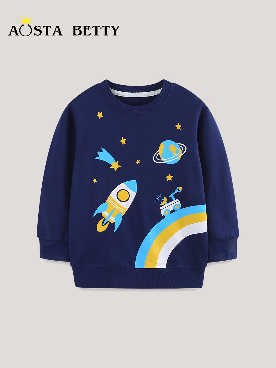 Suéter de moda para niños 26 otoño nuevo estilo europeo y americano suéter de algodón de punto impresión de cohetes camisetas de niños