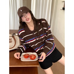 秋冬穿搭小众复古撞色翻领条纹Polo针织衫上衣女宽松百搭减龄毛衣