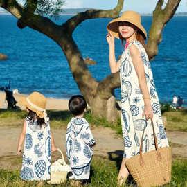 夏日度假亲子装衬衫一家三口四口婴儿水果图案母子母女装海边裙子
