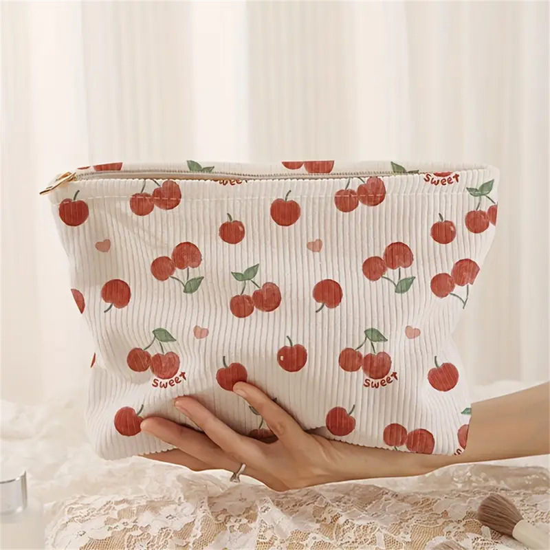 Temu Cross-Border Shein Hand-Painted Cartoon Cherry Painting Printed Corduroy Zipper Storage Bag Lightweight Cosmetic Bag