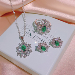 Japanese and Korean Style Baroque Emerald Full Diamond Earrings and Necklace Live Stream Supply Jewelry Set Designer Style