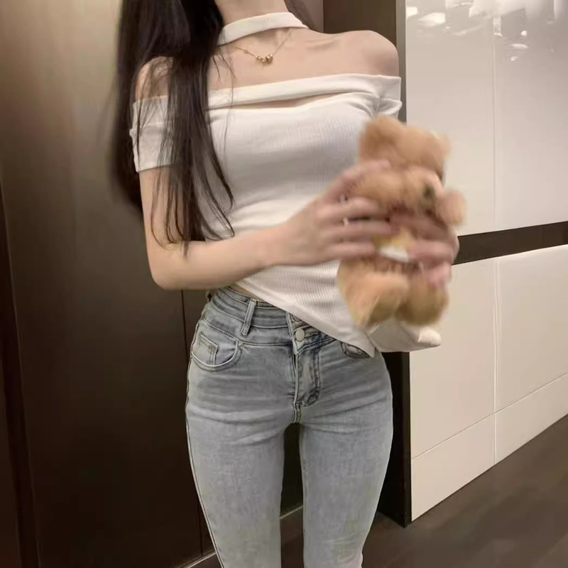 White Spice Girls Pure Want Off-shoulder Women's Summer Chic Slim-fit Short-sleeved T-shirt Sexy Base Short Top