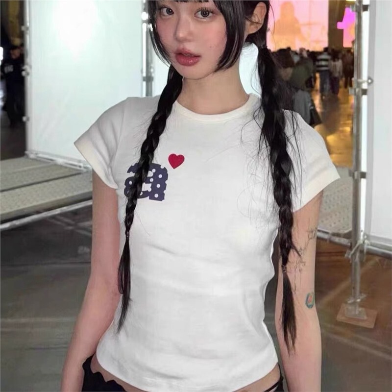 Korean Niche Aeae Short-Sleeved Slim Hot Girl Navel-Baring Letter Print Simple Versatile Casual T-Shirt Tops for Women