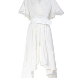 2022欧美外贸新款拖尾长裙亚马逊时尚性感中腰白色色V领连衣裙