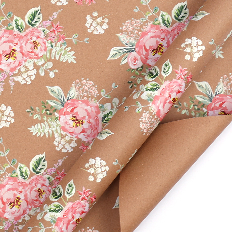 Papel de Regalo Kraft Impreso con Flores Estilo Pintado a Mano para Regalos de Cumpleaños
