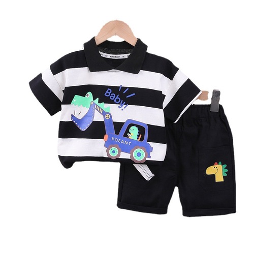 Boys summer suit Korean version trendy baby striped cartoon digger short-sleeved children's clothing one-year-old baby summer clothes