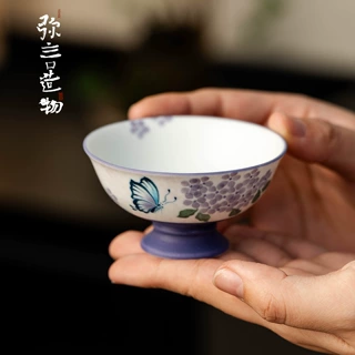 弥言束刻手绘蝴蝶绣球花陶瓷高足主人杯女士专用茶杯功夫茶具单杯