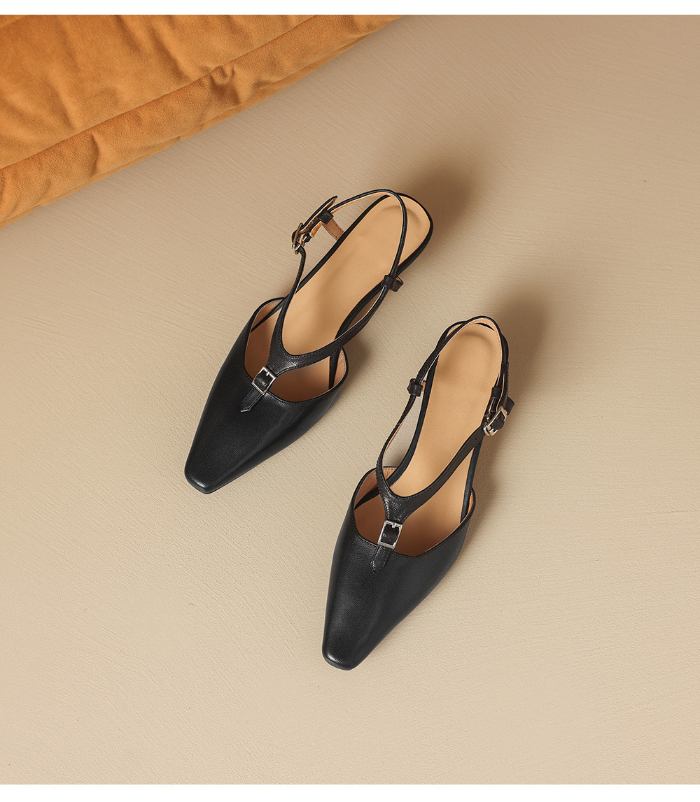Sandal nữ quai ngang mũi kín da cừu gót thô 4 cm phong cách Hàn Quốc — đen chi tiết 18