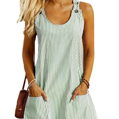 American and European Amazon independent station round neck pocket striped belt button casual one-piece mini skirt