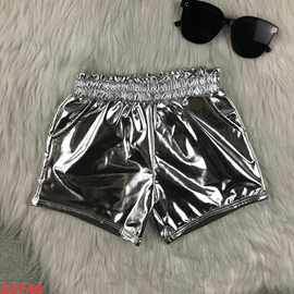 欧美精品店童装外贸批发女孩银色新款夏季皮短裤