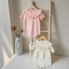 Baby summer clothing hollow breathable large lotus leaf collar thin sweater jumpsuit baby knitted sweater sweater bag rompers