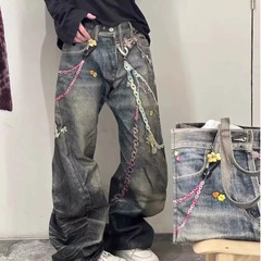 アメリカのレトロな高街hiphopワイドレギンスのチェーンのプリントのデニムのズボンはゆったりとしています。