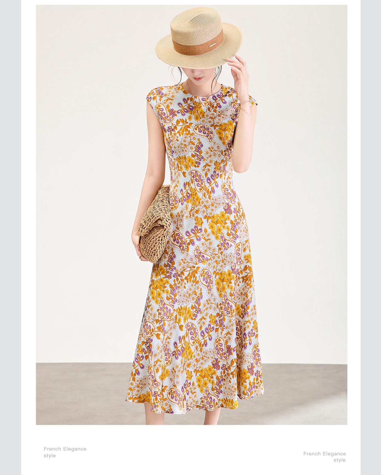 Đầm maxi nữ thắt eo họa tiết hoa vintage phong cách Pháp — màu cam chi tiết 10