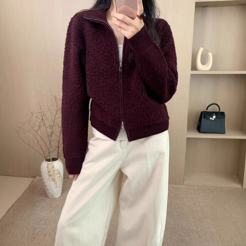 Korean Chic Autumn and Winter Gentle Elegant High Lapel Hoop Wool Loose Zipper Cardigan Knitted Sweater Jacket for Women