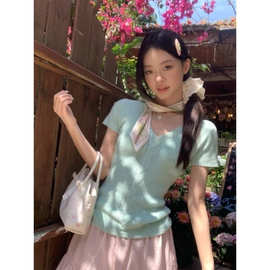 宋正恩绿色领针织衫正肩短袖恤女春夏韩系修身显瘦独特漂亮上衣