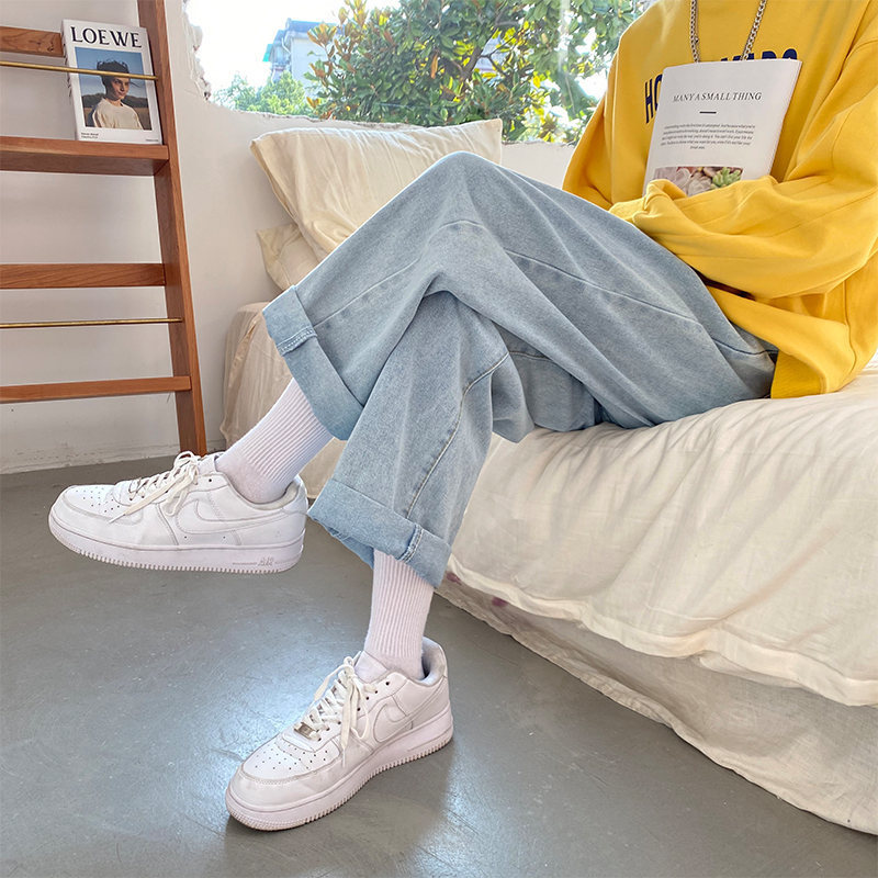 Straight-leg jeans for men, trendy brand, loose fit, casual, long pants, Korean style, wide-leg pants, Hong Kong style, versatile dad pants.