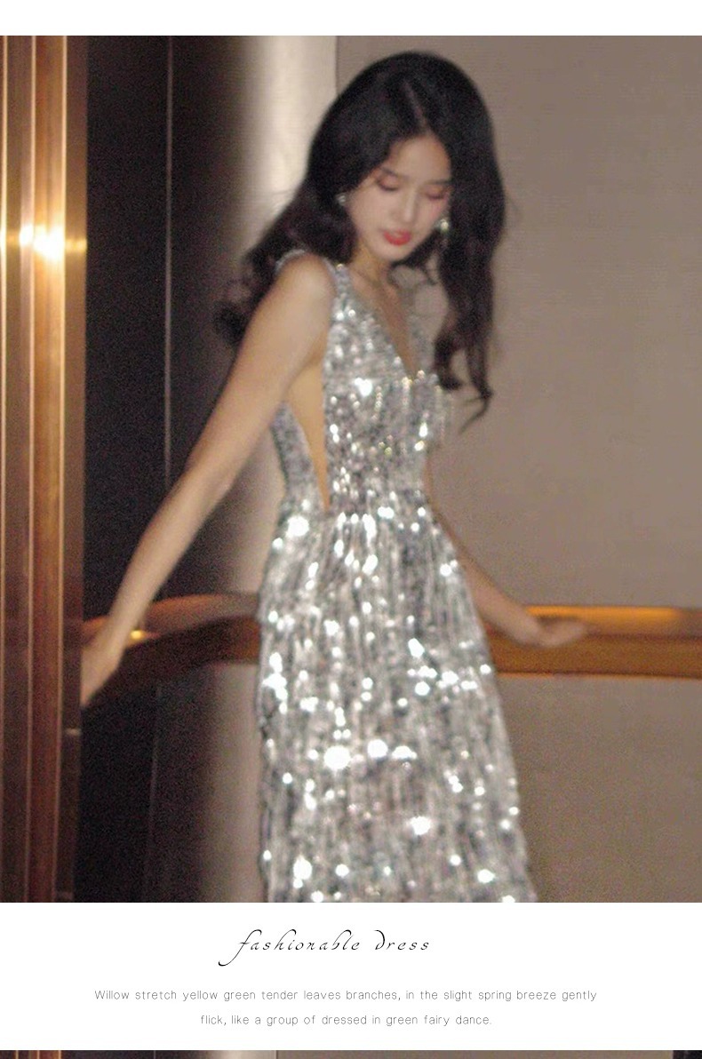 Đầm dạ hội nữ đính sequin và tua rua phong cách Pháp — Màu trắng bạc chi tiết 12