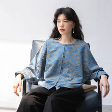 真丝棉蓝绿提花新中式衬衫女圆领单排扣优雅气质三季上衣【缠绵】