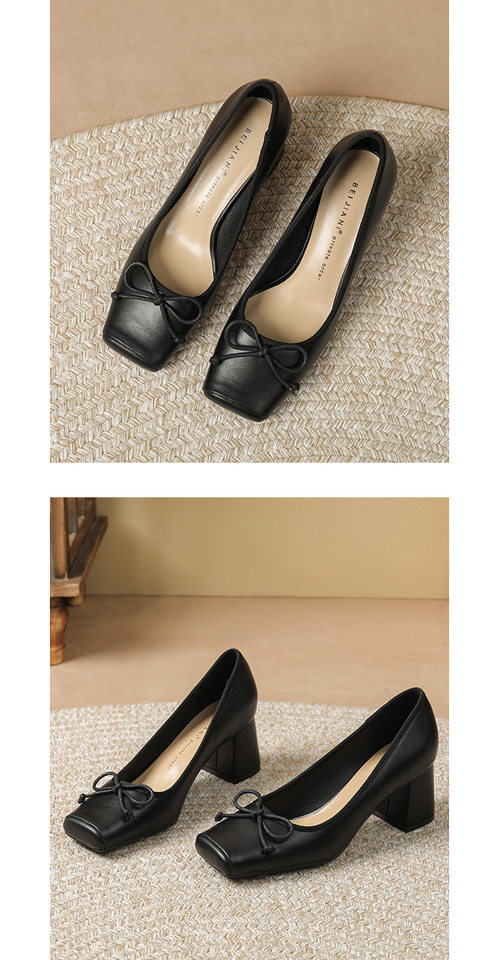 Giày cao gót nữ mũi vuông gót thô 3–6 cm, mặt giày phối nơ, kiểu mary jane — Màu Kaki, Màu đen chi tiết 6