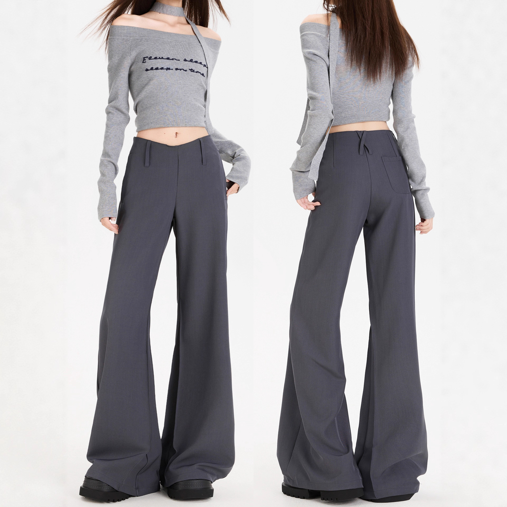Gray American-Style V-Shaped Low-Waist Flared Suit Pants for Women, Spring and Summer Loose Drape Casual Long Pants, Floor-Length Wide-Leg Pants