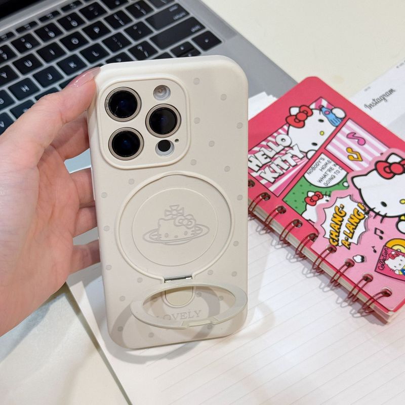 Apple 16ProMax 液体シリコーン水玉キティ猫携帯電話ケース磁気ホルダー細穴保護カバーに適しています|undefined
