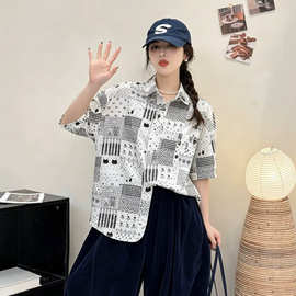 2026年夏装 文艺范洋气减龄卡通印花短袖衬衫 女休闲显瘦上衣