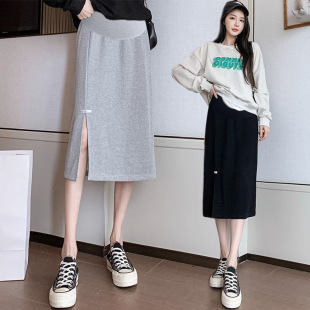 In stock Spring and Autumn new maternity dress casual sweater skirt fashion labeling front slit one-step skirt