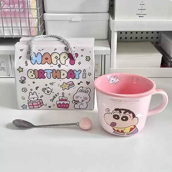 Crayon Shin-new Scerm Cup-Pink+Ball Spoon+Graffiti Birthday Gift Box
