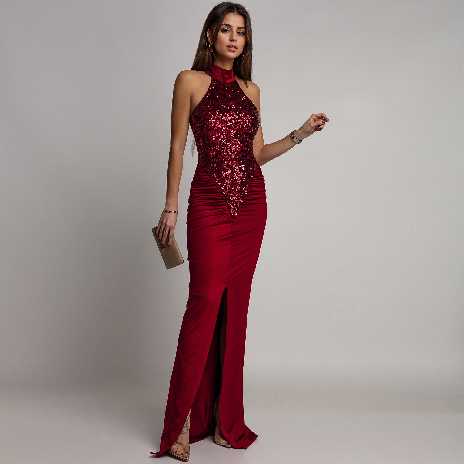 C7602 cross-border AliExpress Amazon Europa y América moda mujer sexy delgada cuentas de terciopelo vestido bifurcado