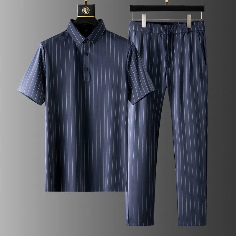 Men's Short Sleeve Casual Slim Suit Men's Summer Casual Short Sleeve Cropped Pants Thin Striped Two-Piece Suit Men's Clothing