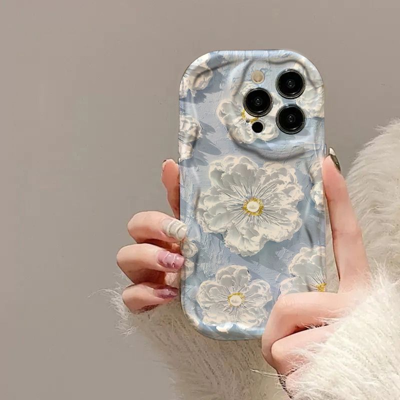 油画蓝白桃花适用苹果15PROMAX手机壳iPhone14个性13创意12软壳11|undefined